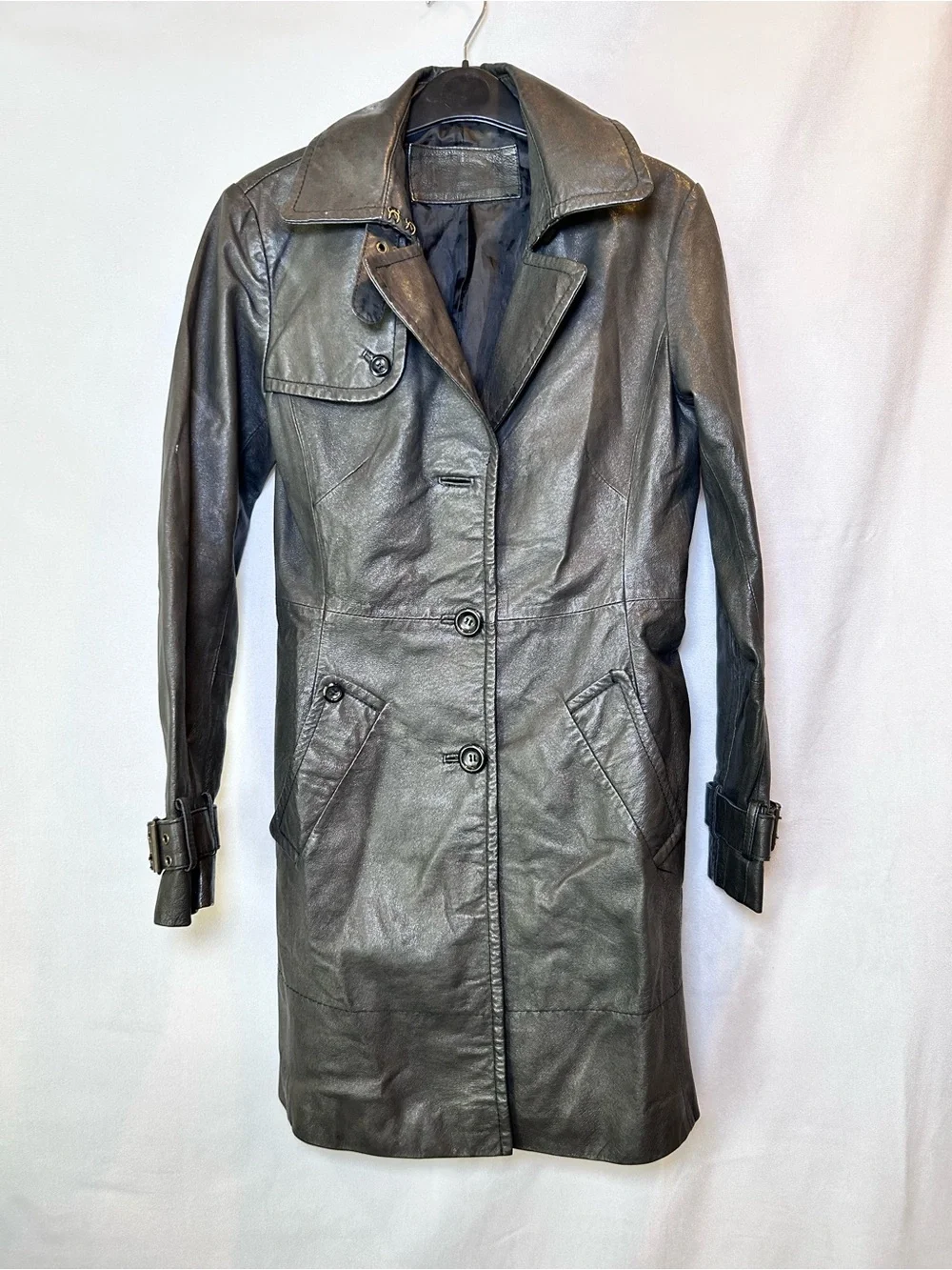 Y2K Le Château Black Leather Trench Coat Painted Back Graphic 90’s Grunge Size S - Picture 10 of 14